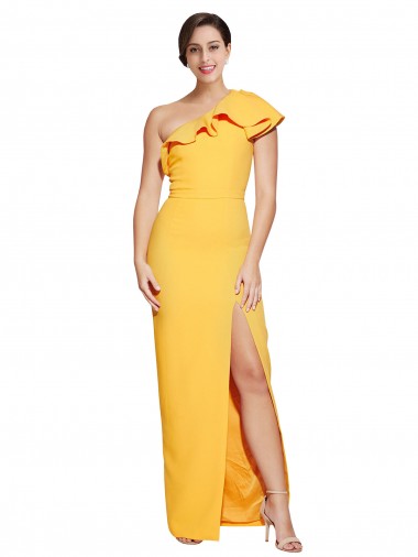 Desconto Açafrão Bainha Um Ombro Sem Mangas Comprimento Chão Vestidos de Madrinha / Vestidos de Noite / Vestidos de Festa