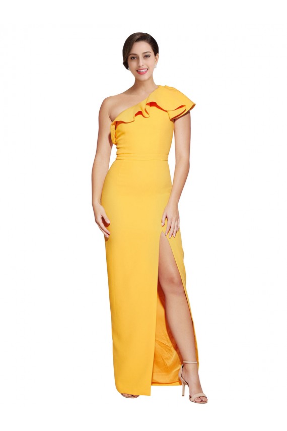 Desconto Açafrão Bainha Um Ombro Sem Mangas Comprimento Chão Vestidos de Madrinha / Vestidos de Noite / Vestidos de Festa