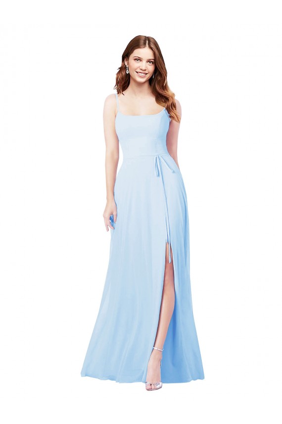 Desconto Azul Céu Claro Bainha Alças finas Sem Mangas Comprimento Chão Vestidos de Madrinha