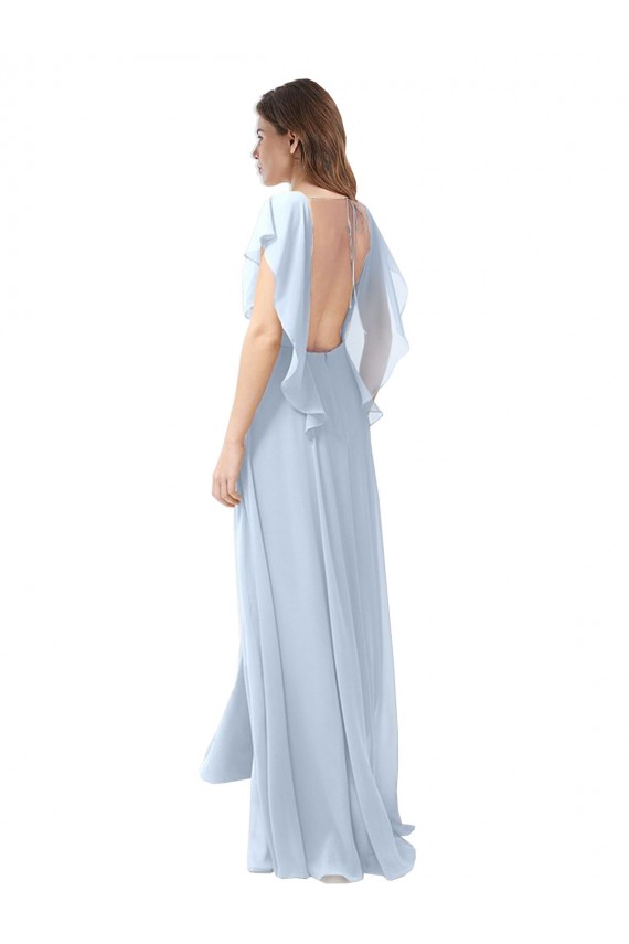 Desconto Azul Céu Claro Linha A Decote V Mangas Esvoaçantes Comprimento Chão Longo Vestidos de Madrinha