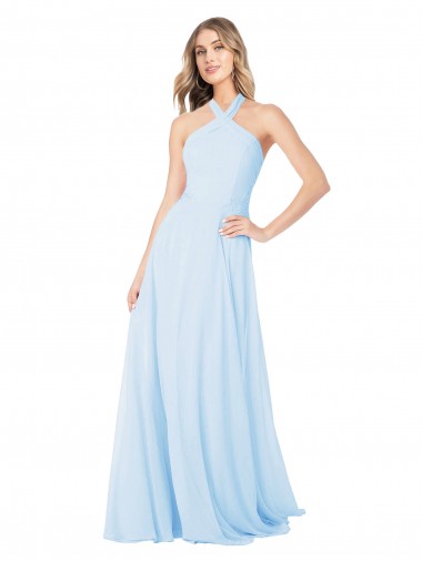 Desconto Azul Céu Claro Linha A Cabeçada Sem Mangas Comprimento Chão Chiffon Vestidos de Madrinha