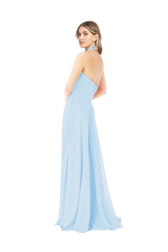 Desconto Azul Céu Claro Linha A Cabeçada Sem Mangas Comprimento Chão Chiffon Vestidos de Madrinha