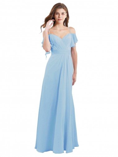 Desconto Azul Céu Claro Linha A Alças finas Ombro Frio Comprimento Chão Vestidos de Madrinha