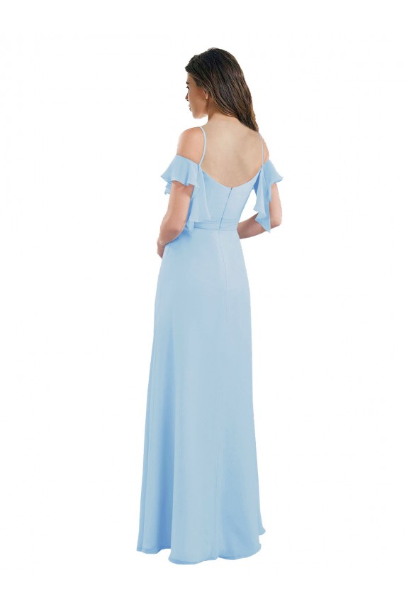 Desconto Azul Céu Claro Linha A Alças finas Ombro Frio Comprimento Chão Vestidos de Madrinha