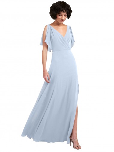 Desconto Azul Céu Claro Linha A Decote V Mangas Esvoaçantes, Mangas Divididas Comprimento Chão Vestidos de Madrinha