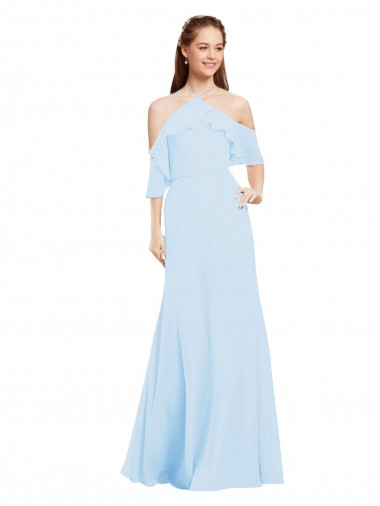 Desconto Azul Céu Claro Linha A Cabeçada Ombro Frio Comprimento Chão Vestidos de Madrinha
