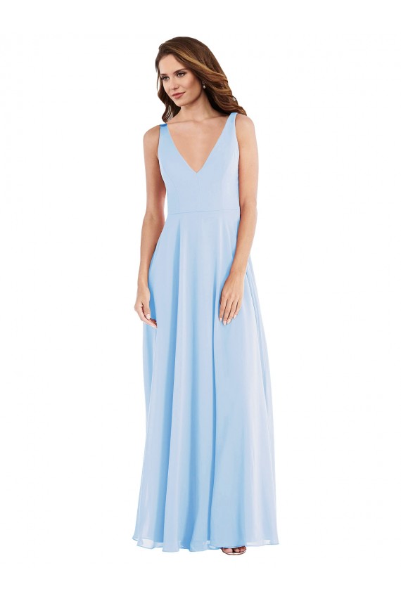 Desconto Azul Céu Claro Linha A Decote V Sem Mangas Comprimento Chão Vestido de Madrinha