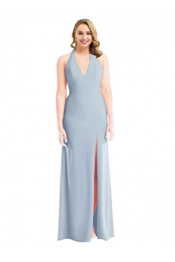 Desconto Azul Céu Claro Trombeta Cabeçada Sem Mangas Comprimento Chão Vestidos de Madrinha / Vestidos de Festa
