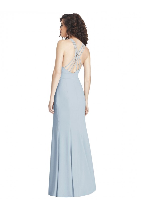 Desconto Azul Céu Claro Trombeta Cabeçada Sem Mangas Comprimento Chão Criss Cruz Vestidos de Madrinha / Vestidos de Festa
