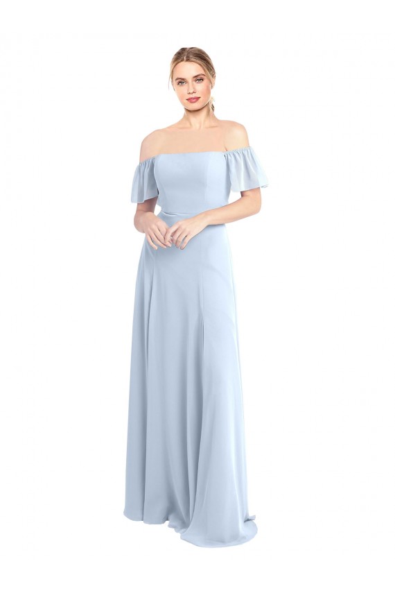 Desconto Azul Céu Claro Linha A Fora do Ombro Mangas Esvoaçantes Comprimento Chão Vestidos de Madrinha