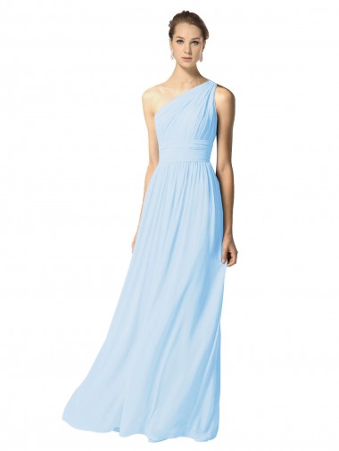 Desconto Azul Céu Claro Linha A Um Ombro Sem Mangas Comprimento Chão Vestidos de Madrinha