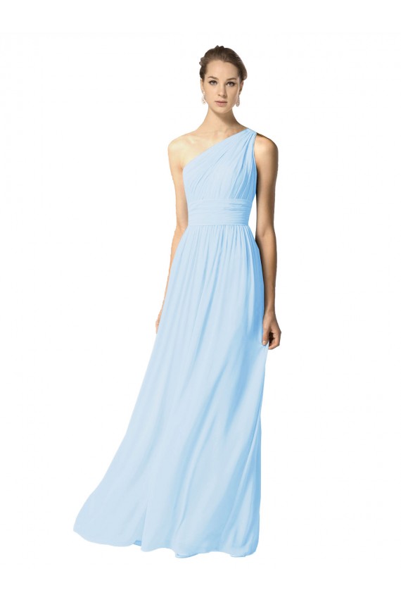 Desconto Azul Céu Claro Linha A Um Ombro Sem Mangas Comprimento Chão Vestidos de Madrinha