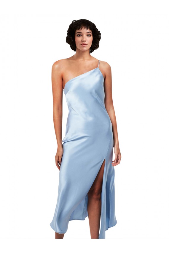 Desconto Azul Céu Claro Linha A Um Ombro Sem Mangas Comprimento Midi Vestidos de Madrinha / Vestidos de Noite / Vestidos de Festa