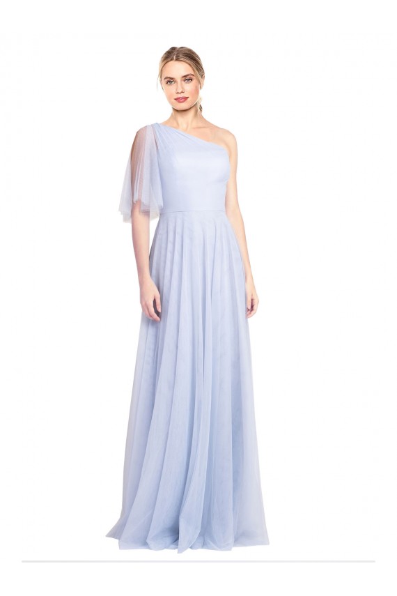 Desconto Azul Céu Claro Linha A Um Ombro Mangas Esvoaçantes Comprimento Chão Vestidos de Madrinha