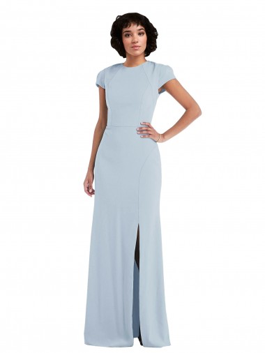 Desconto Azul Céu Claro Trombeta Decote Joia Mangas Curtas Comprimento Chão Vestidos de Madrinha