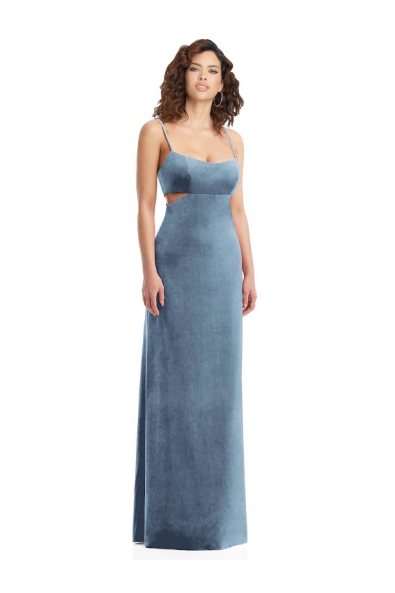 Desconto Azul Empoeirado Bainha Decote Quadrado Sem Mangas Comprimento Chão Vestidos de Madrinha / Vestidos de Noite / Vestidos de Festa