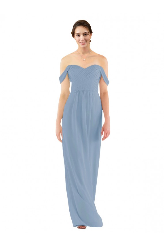 Desconto Azul Empoeirado Bainha Fora do Ombro Sem Mangas Comprimento Chão Vestido de Madrinha
