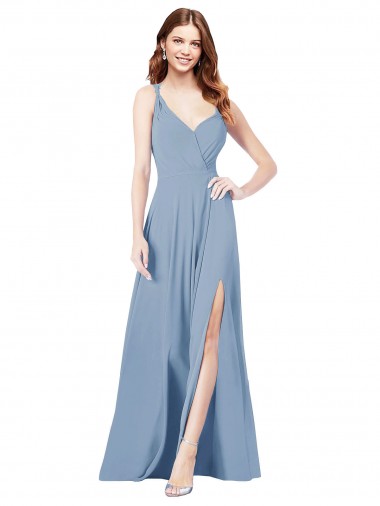Desconto Azul Empoeirado Linha A Alças finas Sem Mangas Comprimento Chão Vestidos de Madrinha