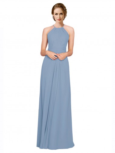 Desconto Azul Empoeirado Linha A Cabeçada Sem Mangas Comprimento Chão Chiffon Vestidos de Madrinha