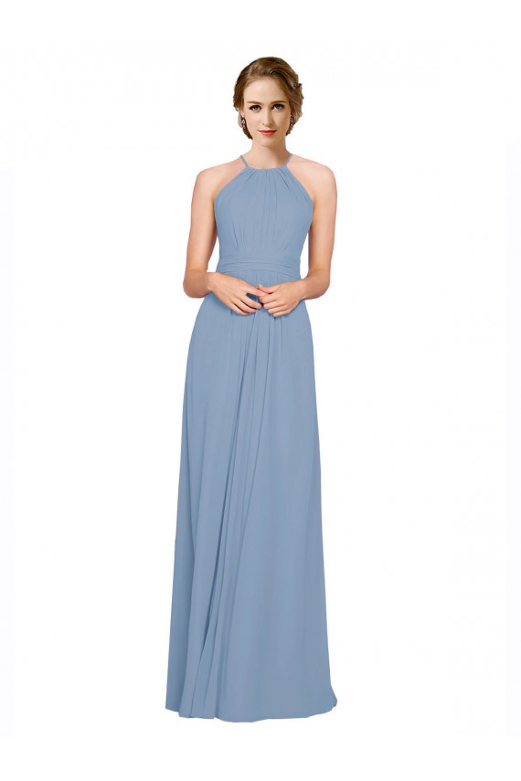 Desconto Azul Empoeirado Linha A Cabeçada Sem Mangas Comprimento Chão Chiffon Vestidos de Madrinha