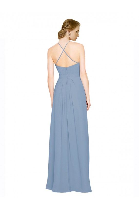 Desconto Azul Empoeirado Linha A Cabeçada Sem Mangas Comprimento Chão Chiffon Vestidos de Madrinha
