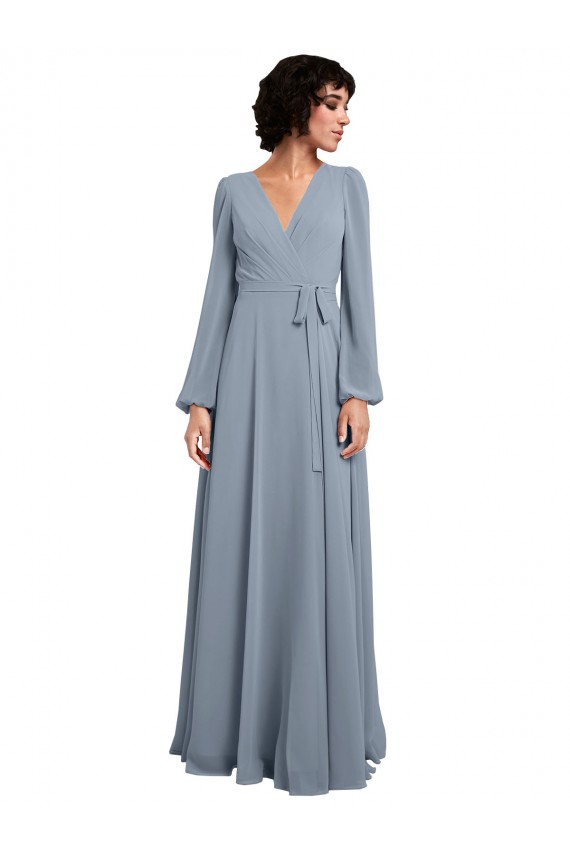 Desconto Azul Empoeirado Linha A Decote V Mangas Compridas Comprimento Chão Vestidos de Madrinha