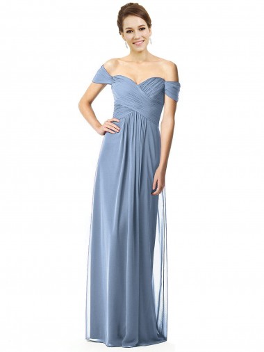 Desconto Azul Empoeirado Linha A Fora do Ombro Mangas Curtas Comprimento Chão Vestidos de Madrinha