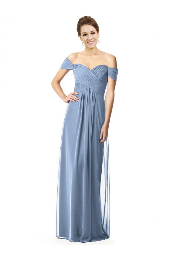 Desconto Azul Empoeirado Linha A Fora do Ombro Mangas Curtas Comprimento Chão Vestidos de Madrinha