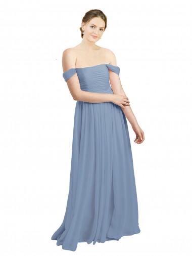 Desconto Azul Empoeirado Linha A Fora do Ombro Sem Mangas Comprimento Chão Longo Vestidos de Madrinha