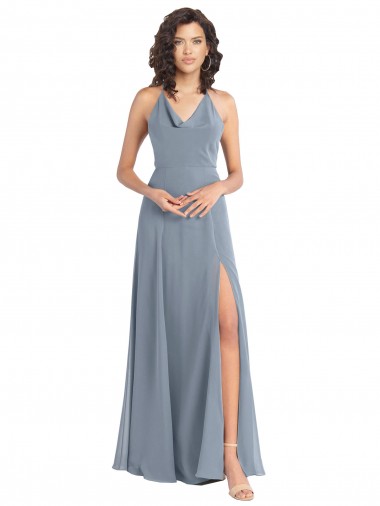 Desconto Azul Empoeirado Linha A Cabeçada Sem Mangas Comprimento Chão Vestidos de Madrinha