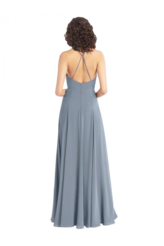 Desconto Azul Empoeirado Linha A Cabeçada Sem Mangas Comprimento Chão Vestidos de Madrinha