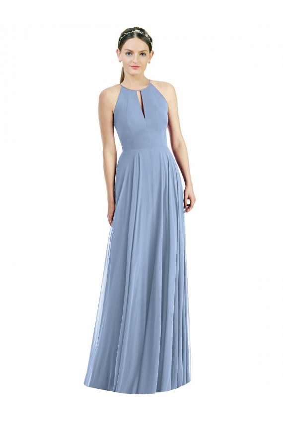 Desconto Azul Empoeirado Linha A Cabeçada Sem Mangas Comprimento Chão Vestido de Madrinha / Vestido de Noite