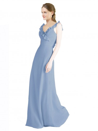 Desconto Azul Empoeirado Linha A Decote V Sem Mangas Comprimento Chão Vestidos de Madrinha