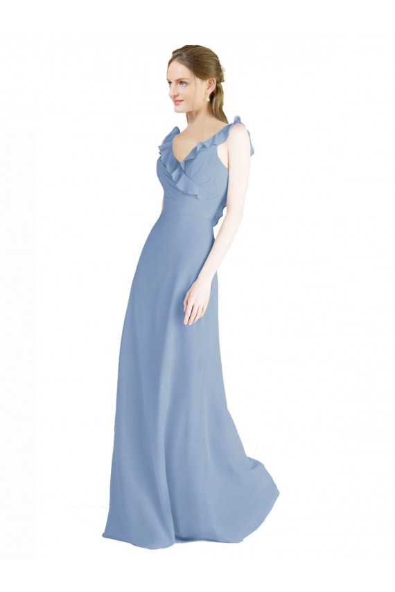 Desconto Azul Empoeirado Linha A Decote V Sem Mangas Comprimento Chão Vestidos de Madrinha