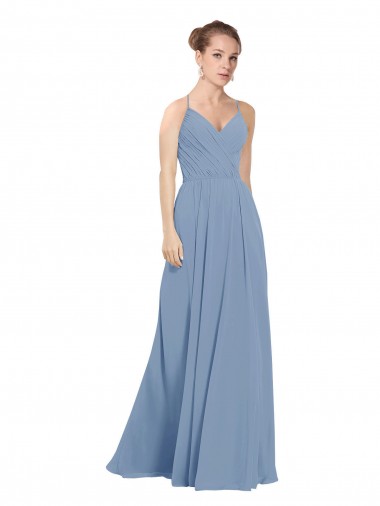 Desconto Azul Empoeirado Linha A Decote V Sem Mangas Comprimento Chão Longo Vestidos de Madrinha