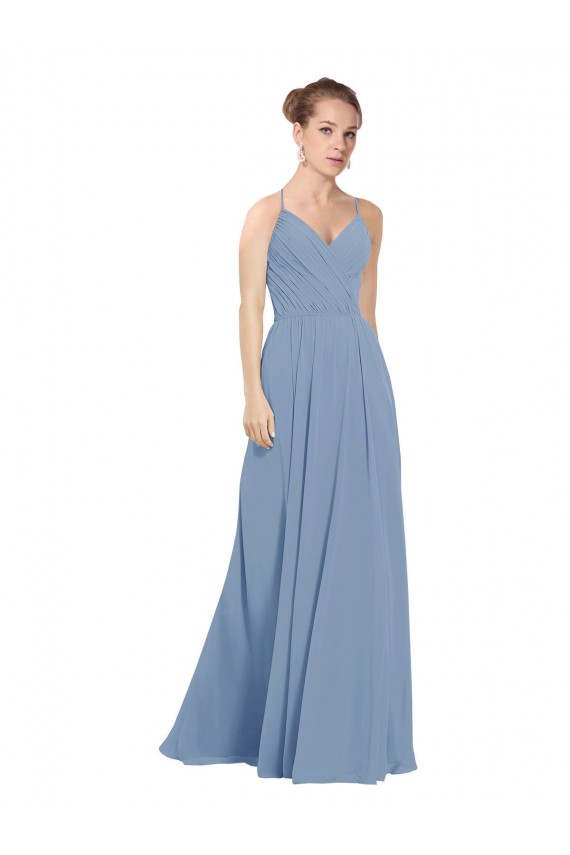 Desconto Azul Empoeirado Linha A Decote V Sem Mangas Comprimento Chão Longo Vestidos de Madrinha