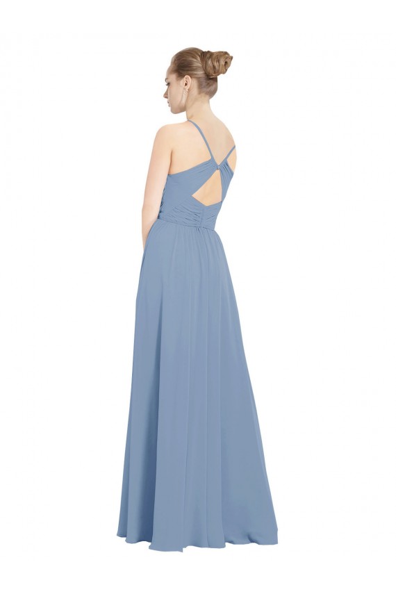 Desconto Azul Empoeirado Linha A Decote V Sem Mangas Comprimento Chão Longo Vestidos de Madrinha