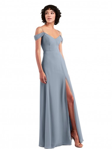 Desconto Azul Empoeirado Linha A Fora do Ombro Sem Mangas Comprimento Chão Vestido de Noite / Vestidos de Madrinha