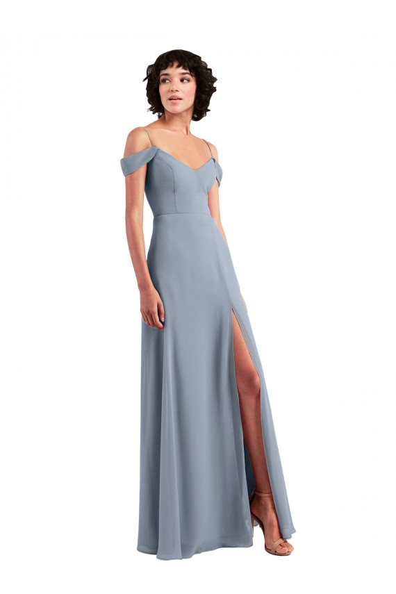 Desconto Azul Empoeirado Linha A Fora do Ombro Sem Mangas Comprimento Chão Vestido de Noite / Vestidos de Madrinha