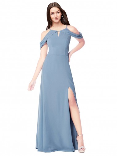Desconto Azul Empoeirado Linha A Fora do Ombro Sem Mangas Comprimento Chão Vestidos de Madrinha