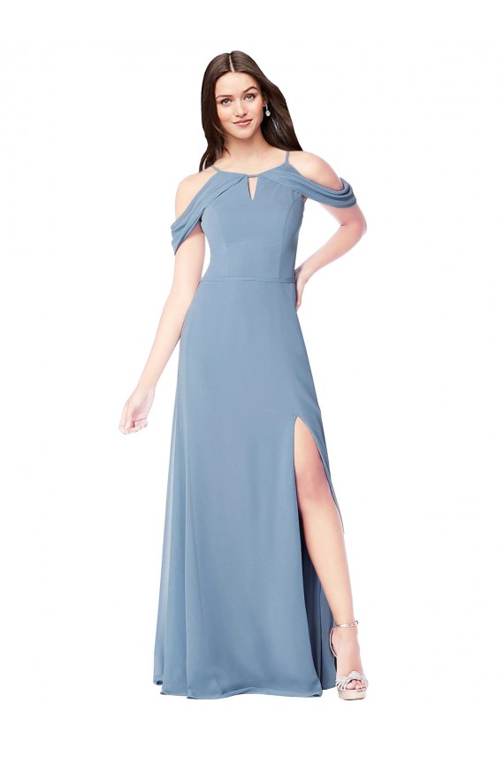 Desconto Azul Empoeirado Linha A Fora do Ombro Sem Mangas Comprimento Chão Vestidos de Madrinha