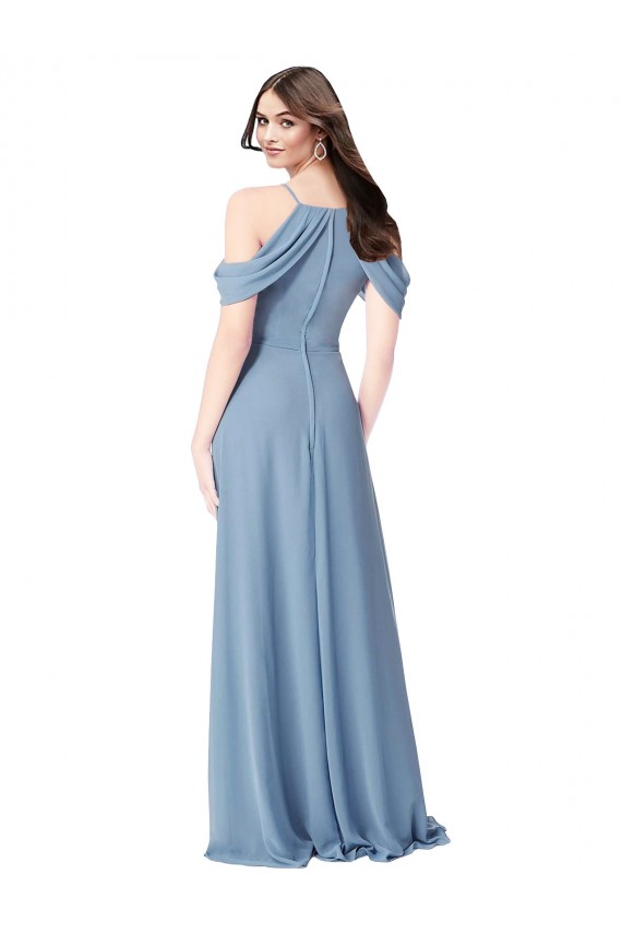 Desconto Azul Empoeirado Linha A Fora do Ombro Sem Mangas Comprimento Chão Vestidos de Madrinha