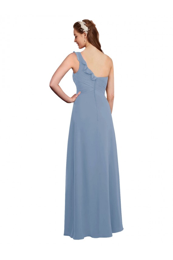 Desconto Azul Empoeirado Linha A Um Ombro Sem Mangas Comprimento Chão Vestido de Madrinha / Vestido Formais