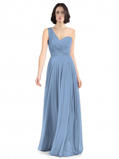 Desconto Azul Empoeirado Linha A Um Ombro Sem Mangas Comprimento Chão Vestidos de Festa / Vestidos de Madrinha