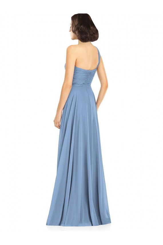Desconto Azul Empoeirado Linha A Um Ombro Sem Mangas Comprimento Chão Vestidos de Festa / Vestidos de Madrinha