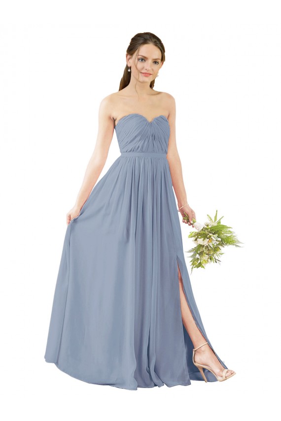 Desconto Azul Empoeirado Linha A Amor Sem Mangas Comprimento Chão Vestido de Madrinha