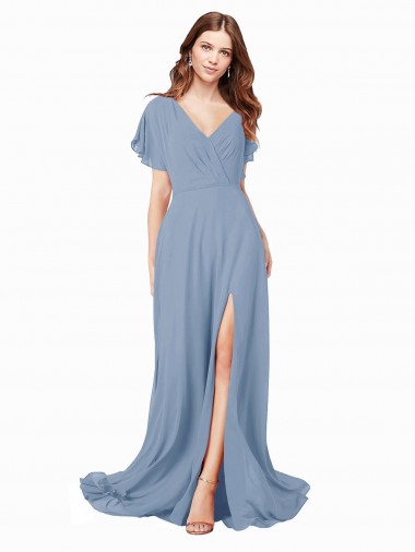Desconto Azul Empoeirado Linha A Decote V Mangas Curtas Comprimento Chão Vestidos de Madrinha / Vestidos de Festa