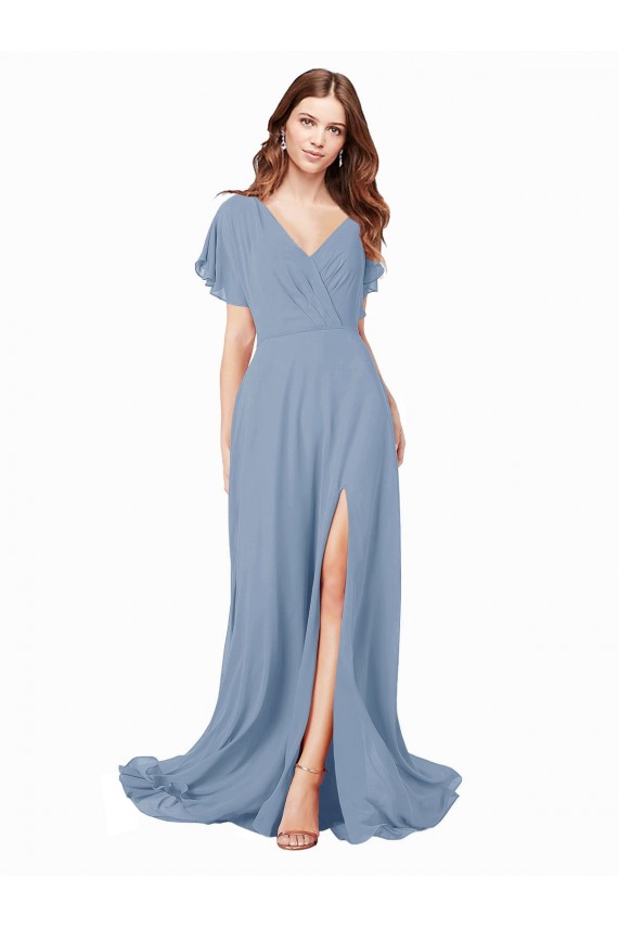 Desconto Azul Empoeirado Linha A Decote V Mangas Curtas Comprimento Chão Vestidos de Madrinha / Vestidos de Festa