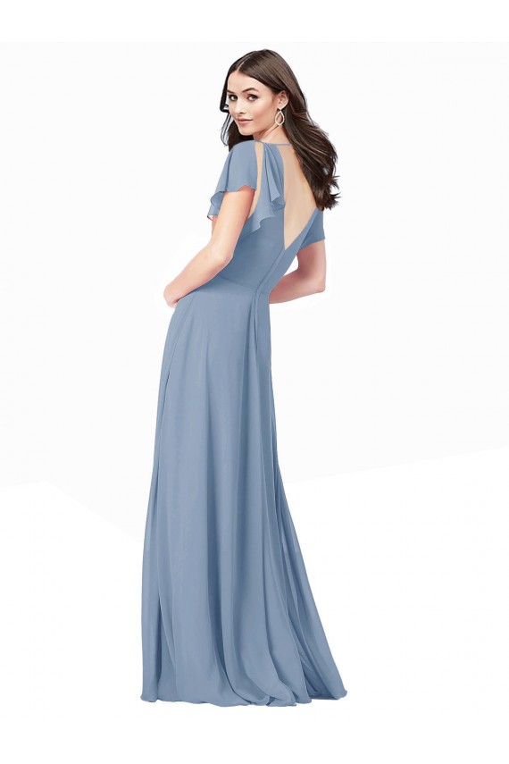 Desconto Azul Empoeirado Linha A Decote V Mangas Curtas Comprimento Chão Vestidos de Madrinha / Vestidos de Festa