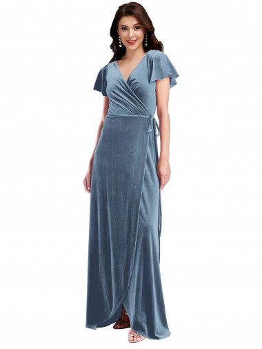 Desconto Azul Empoeirado Linha A Decote V Mangas Esvoaçantes Comprimento Chão Vestidos de Madrinha / Vestidos de Festa